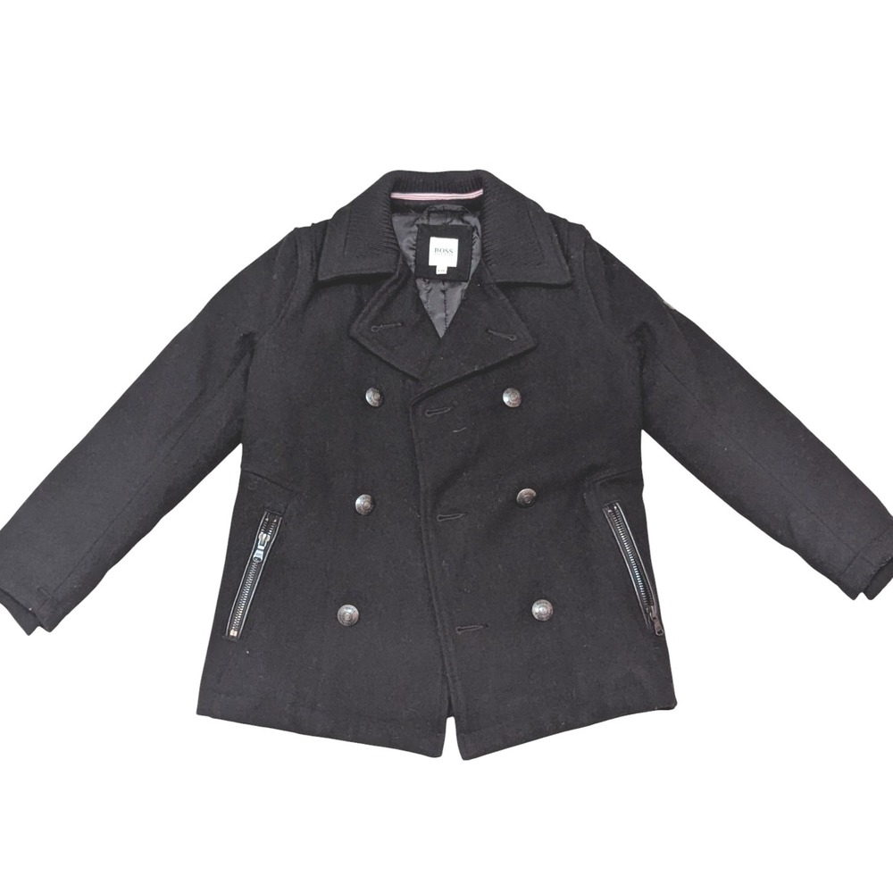 Hugo Boss Kids Pea Coat Jacket Black Wool Blend Size 8 / 126cm – Double Breasted
